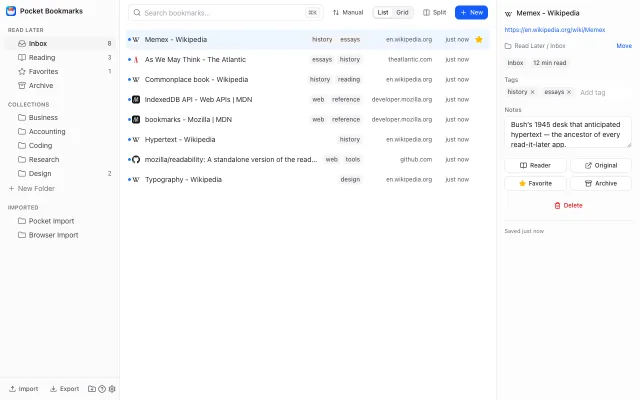 The library: the Read Later folders in the sidebar, the Inbox as a list of saved pages with their tags and sites, and the details of the selected bookmark with its tags and note.