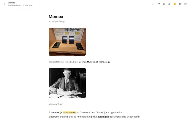 The reader: a saved Wikipedia article about the Memex shown in the offline reader, with its photographs and a highlighted word.
