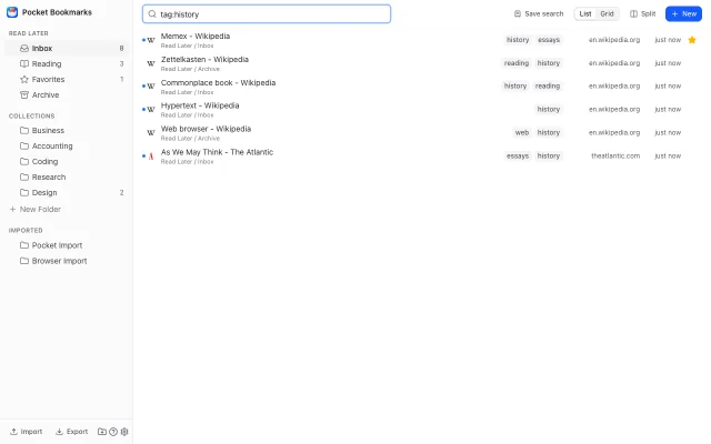 Search: the query tag:history lists six matching bookmarks from the Inbox and the Archive, each with its folder.