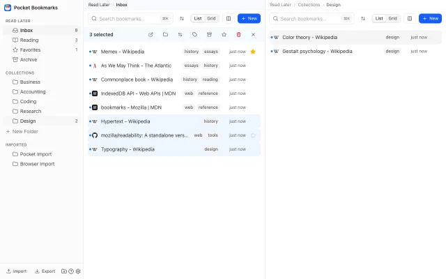 Split view: the Inbox on the left with three bookmarks selected, and the Design collection open in the right pane.